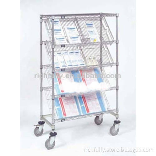 Best Price 4-Tier metal book rack, rotating display stand with 4 wheels